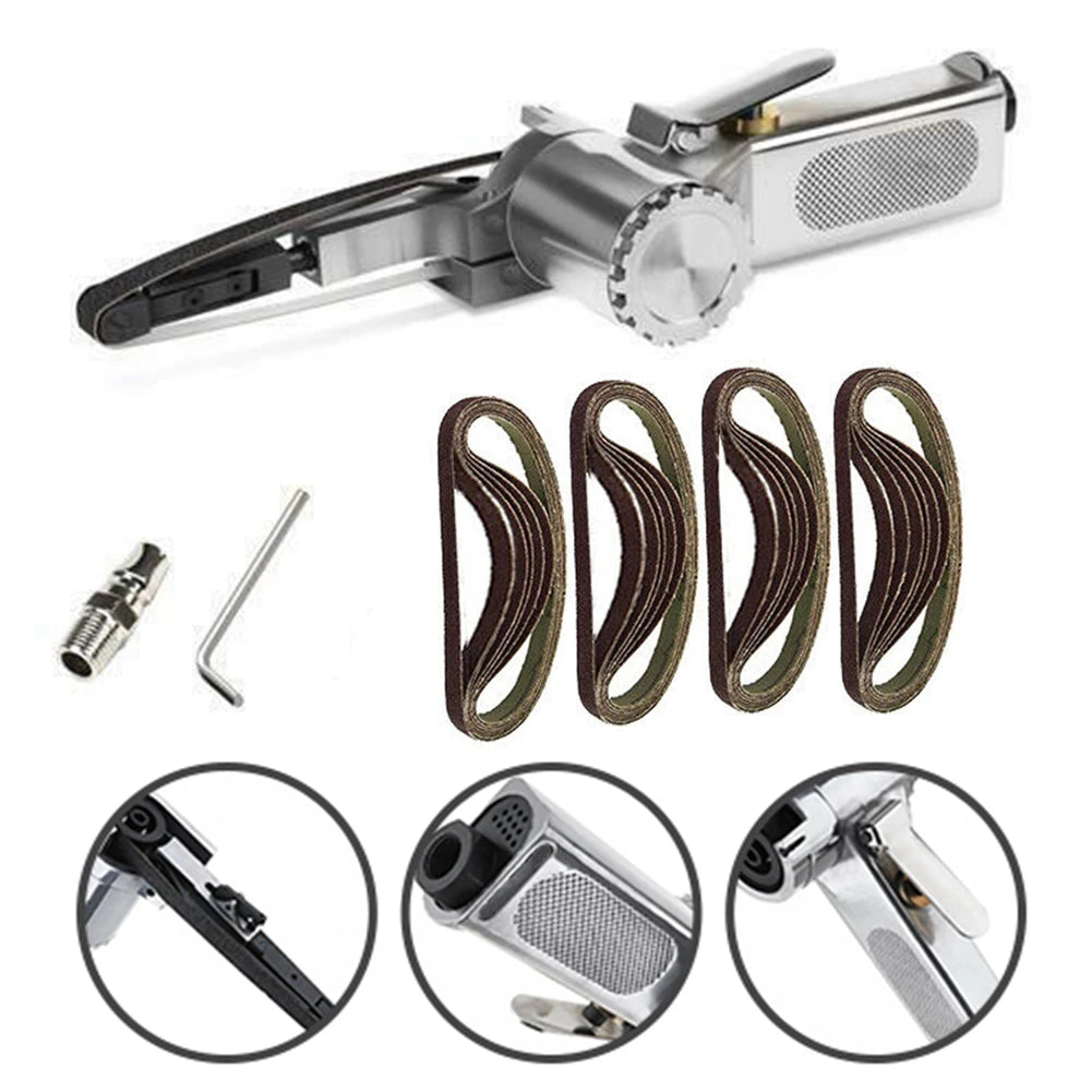 Air Belt Sander Air Angle Grinding Machine Sanding Belt 330x10mm 1/4in Inlet 3/8in Hose Air Compressor Sanding Tool Set 16000rpm