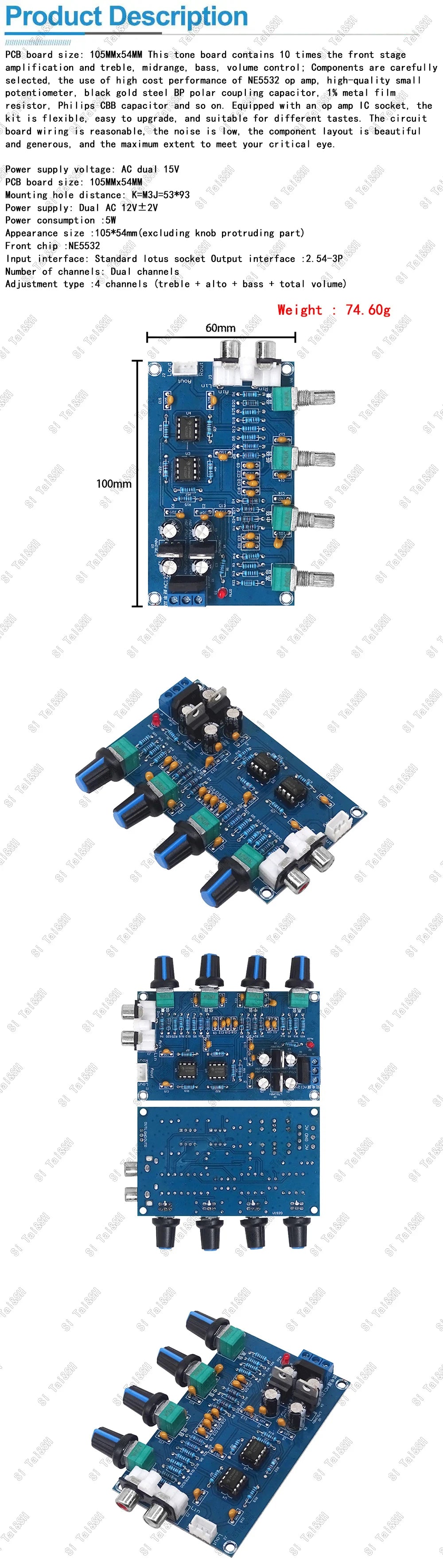 XH-M164 NE5532 4-Channel Stereo Preamp Tone Board – Adjustable High, Mid, Low Frequencies