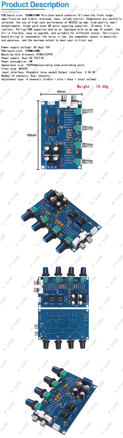 XH-M164 NE5532 4-Channel Stereo Preamp Tone Board – Adjustable High, Mid, Low Frequencies