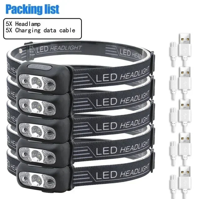 USB Rechargeable Mini Strong Light LED Sensor Headlamp Outdoor Waterproof Work Head Torch Camping Fishing Search Headlight