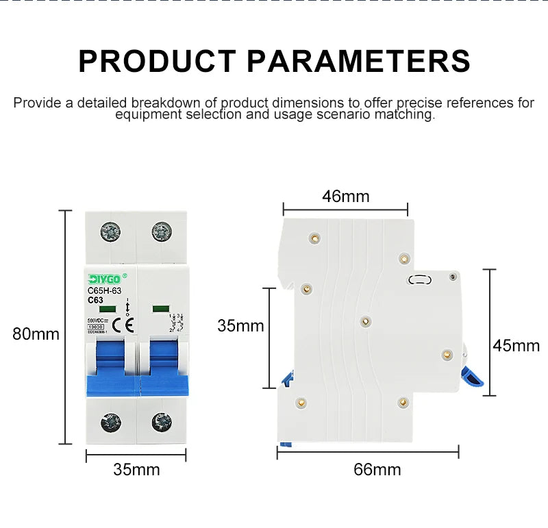 2P DC MCB 6KA 500V Solar Mini Circuit Breaker, 6A–63A for PV System, Battery Main Switch