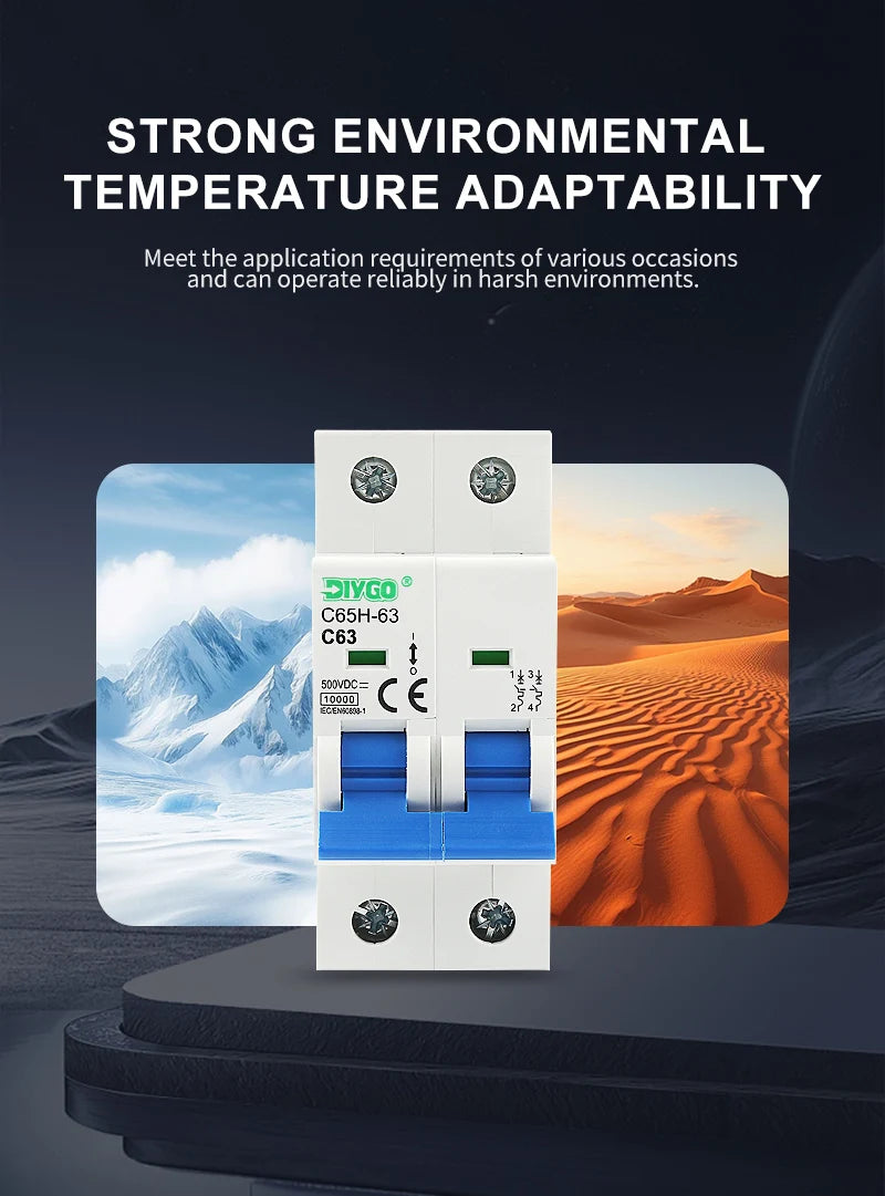 2P DC MCB 6KA 500V Solar Mini Circuit Breaker, 6A–63A for PV System, Battery Main Switch