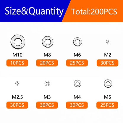 304 Stainless Steel Flat Washers Assortment Kit 910/200pcs — M2 M2.5 M3 M4 M5 M6 M8 M10 M12