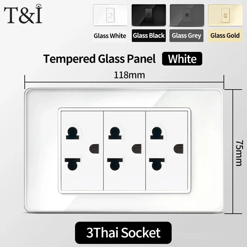 118x75mm Tempered Glass US Thai Socket Dual USB-C Ports 2 AC Outlets 110V Scratch-Resistant Panel