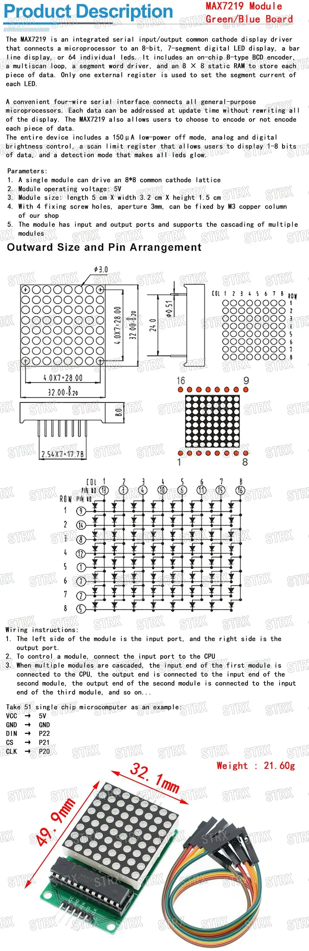 MAX7219 4-in-1 Dot Matrix Display Module with 5-Pin Interface for Arduino Microcontroller Projects