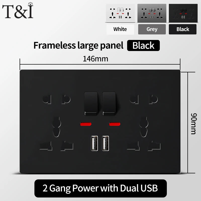 Universal Wall Socket with USB-C and USB Charger 2 Gang Power Outlet with Switch Flush Mount AC 110-250V