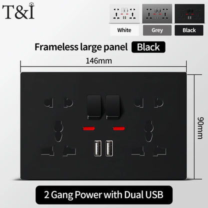 Universal Wall Socket with USB-C and USB Charger 2 Gang Power Outlet with Switch Flush Mount AC 110-250V