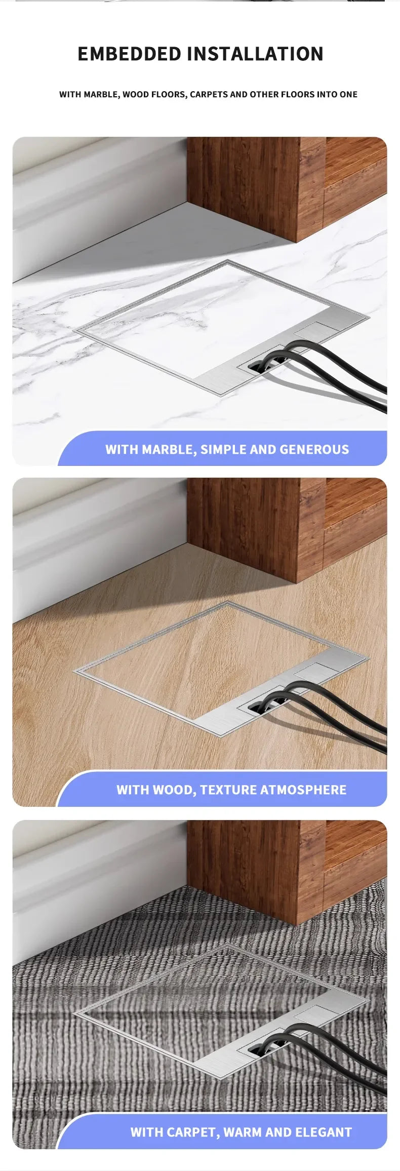 Hidden Floor Socket with USB Charging Ports 304 Stainless Steel Underground Power Outlet EU FR BR IL IT Standard 130×130mm