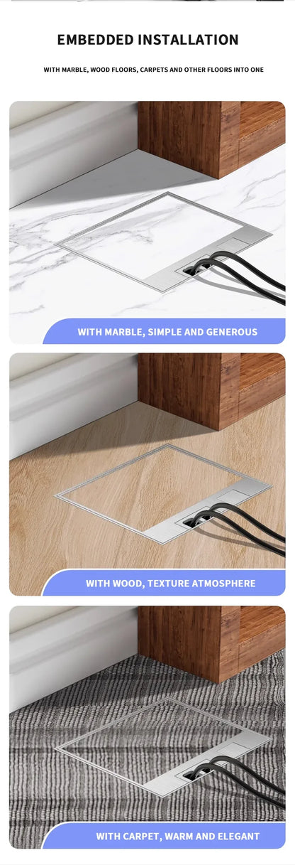 Hidden Floor Socket with USB Charging Ports 304 Stainless Steel Underground Power Outlet EU FR BR IL IT Standard 130×130mm