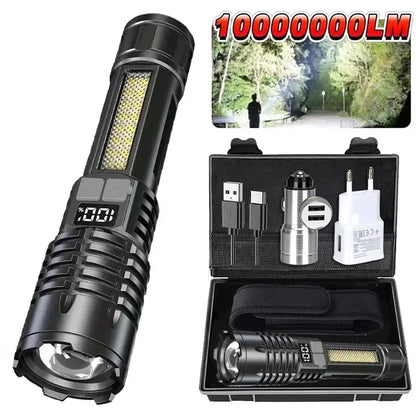 Rechargeable LED Tactical Flashlight with Digital Display Zoom & COB Emergency Side Lights | 5 Modes Type-C Charging