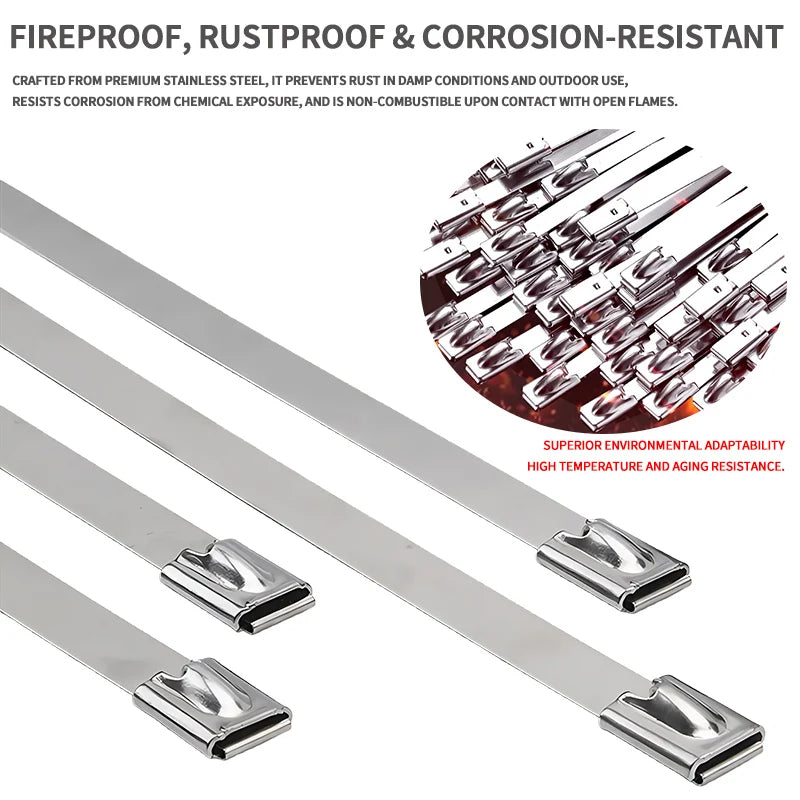 304 Stainless Steel Zip Ties Heavy-Duty Self-Locking Metal Cable Ties 4.6mm Anti-Rust Heat Resistant for Marine Outdoor