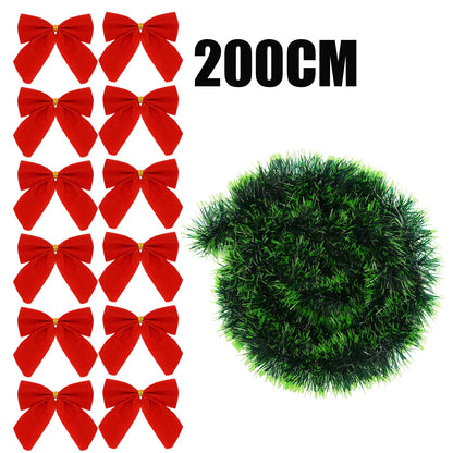 10/2M Christmas Bow Ribbon Garland Embellished Green Tinsel Xmas Tree Hanging Ornament Holiday Party Home Wedding Decoration