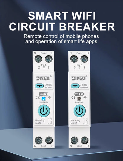 DGB-63TD Tuya WiFi Smart Switch, Current Voltage Leakage Protection Metering Circuit Breaker, Remote Control Wireless Timer Relay