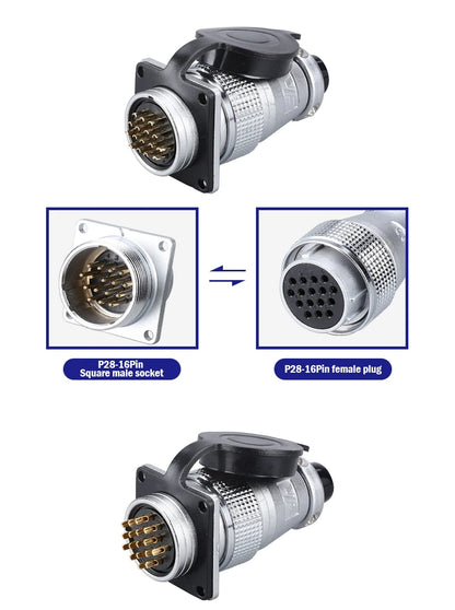 P28 Aviation Connector Square Flange Socket Male Female Circular Butt Joint 2/3/4/5/7/10/12/14/16/19/20/24 Pin P28K2Q PLS28