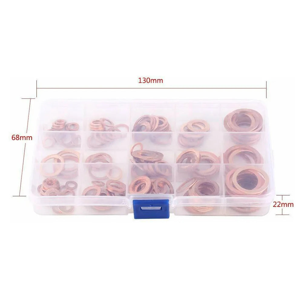 150PCS M5–M22 Copper Crush Washer Gasket Set — Flat Ring Seal Assortment Kit for Oil Pan &amp; Hydraulic Fittings