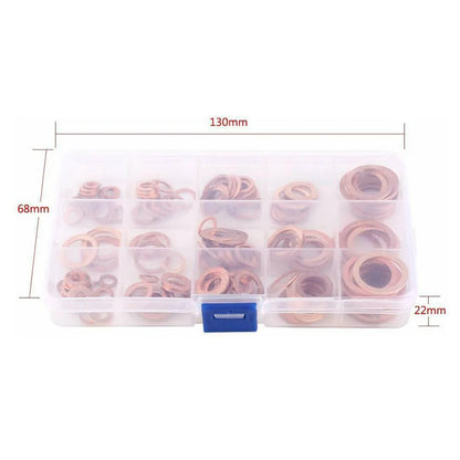 150PCS M5–M22 Copper Crush Washer Gasket Set — Flat Ring Seal Assortment Kit for Oil Pan &amp; Hydraulic Fittings