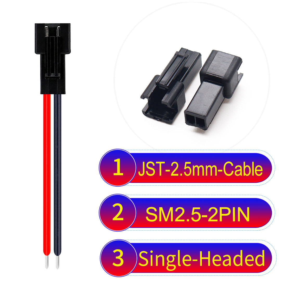 JST SM2.54 2Pin Female Single-Headed cable, 2.54mm pitch, UL1007-certified, designed for LED lighting, power modules, and industrial applications.