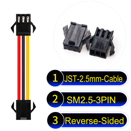 JST SM2.54 3Pin Reverse-Side-Head cable, 2.54mm pitch, UL1007-certified, designed for LED lighting, power modules, and industrial applications.