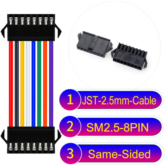 JST SM2.54 8Pin Male Same-Side-Head Cable, 2.54mm pitch, UL1007-certified, designed for LED lighting, power modules, and industrial applications.