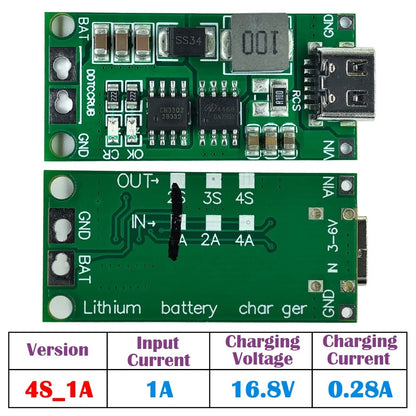 Multi-Cell 2S-4S Type-C Boost Charger Step-Up Module for 7.4V-16.8V LiPo and Li-Ion 18650 Batteries