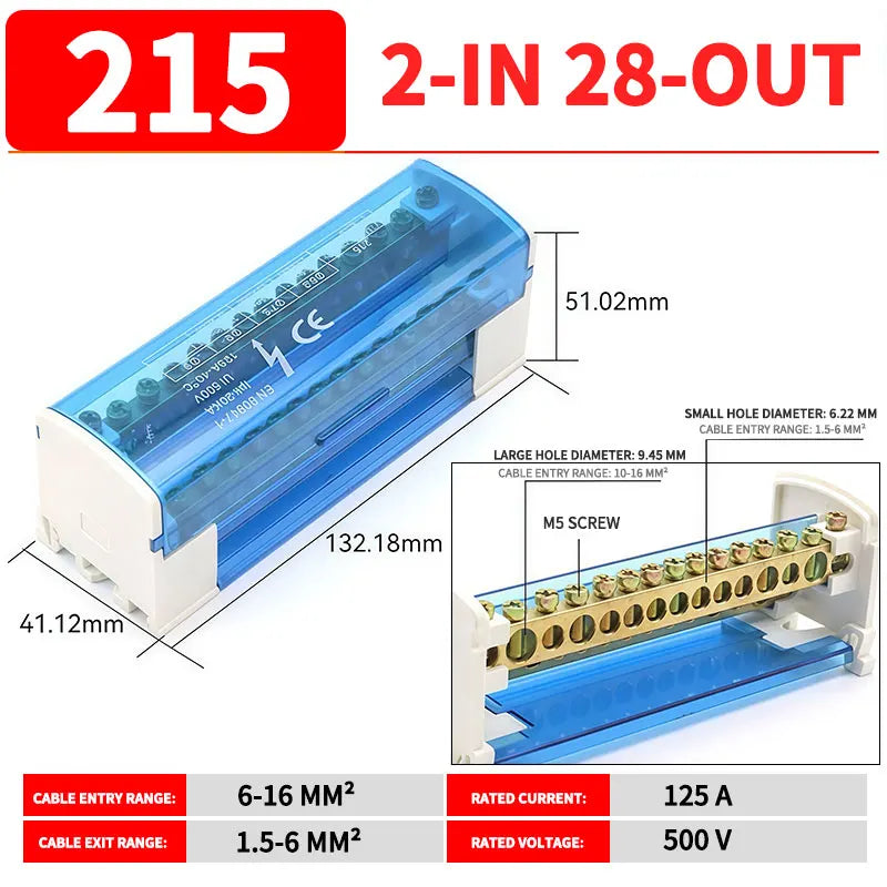 UK207 UK211 UK215 UK407 UK411 UK415 DIN Rail Terminal Block 125A Electrical Distribution Junction Box 1 In 2 4 6 Out