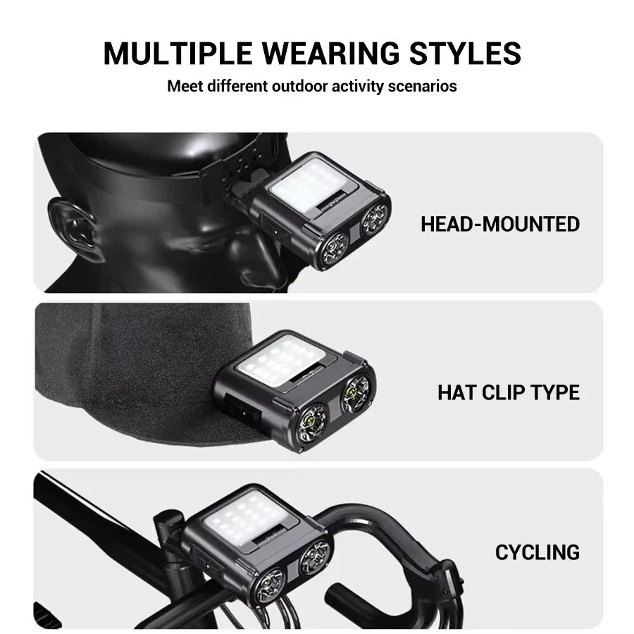 LED Sensor Headlight USB Rechargeable Portable Hat Clip Light Ultra Bright Outdoor Adventure Fishing Lighting Searchlight Torch