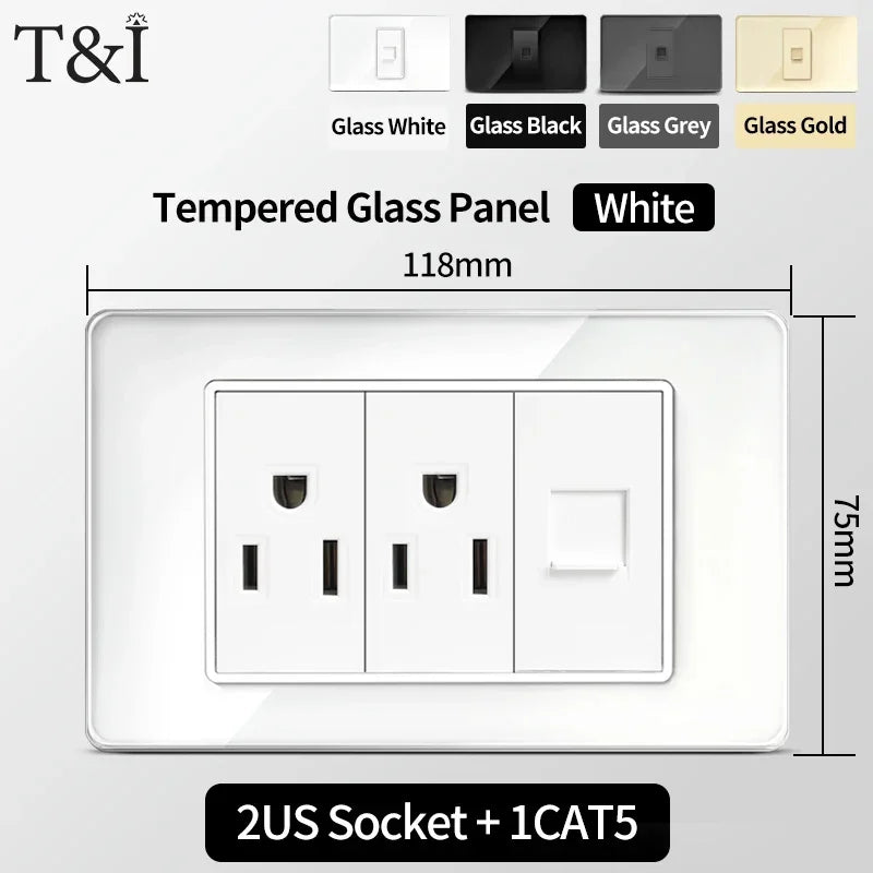 118x75mm Tempered Glass US Thai Socket Dual USB-C Ports 2 AC Outlets 110V Scratch-Resistant Panel