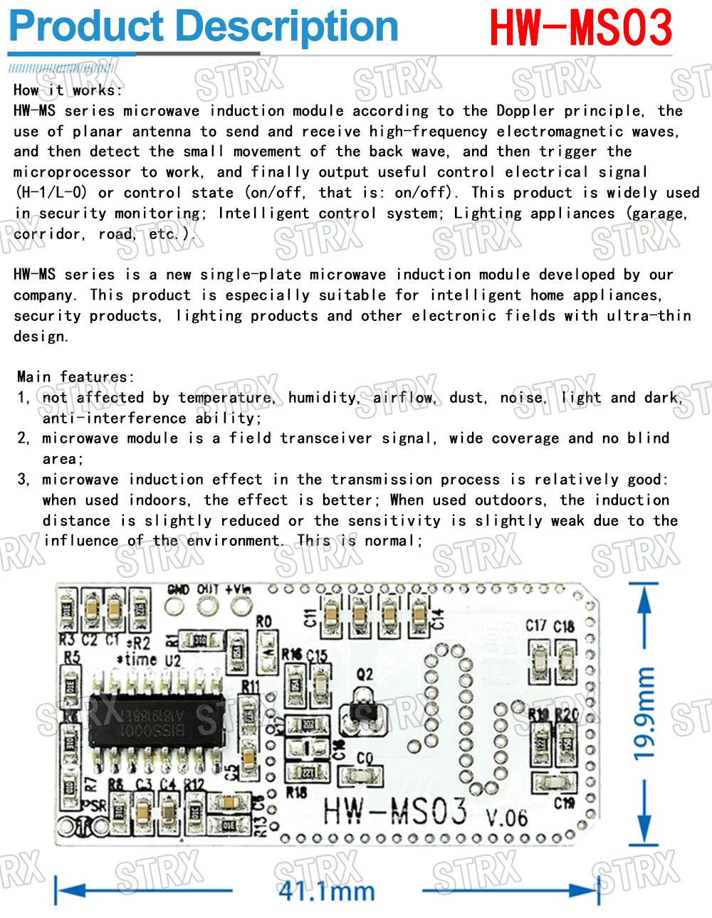 HW-MS03 RCWL-0516 Microwave Radar Motion Sensor 2.4–5.8GHz Human Body Induction Module for Arduino