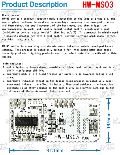 HW-MS03 RCWL-0516 Microwave Radar Motion Sensor 2.4–5.8GHz Human Body Induction Module for Arduino