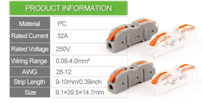 34/50pcs Lever Wire Connector Quick Connection 28-12 AWG 1-to-1 In-Line Compact Splice Insulated Terminal
