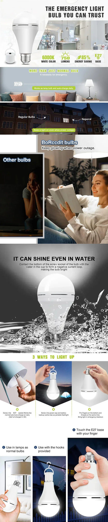 Portable E27 LED Bulb Lamps 9W 15W Rechargeable High Brightness LED Bulb Lights for Indoor Outdoor Camping Emergency Lighting