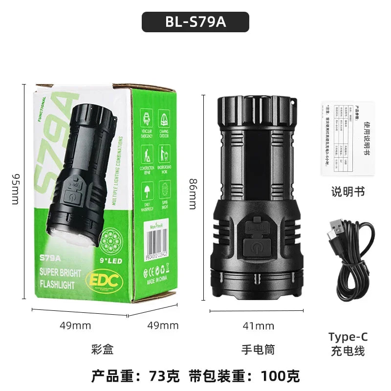 Outdoor Mini Flashlight 9 LED Strong Light Lantern Long Range Rechargeable Pocket Lamp Portable Camping Hiking Magnetic Light