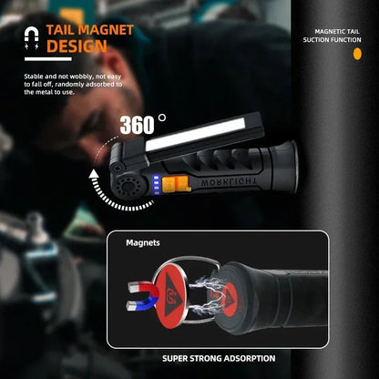 High Power LED Work Light 5 Lighting Mode Rechargeable Flashlight Inspection Lamp with Magnetic Power Bank 18650 Battery Torch