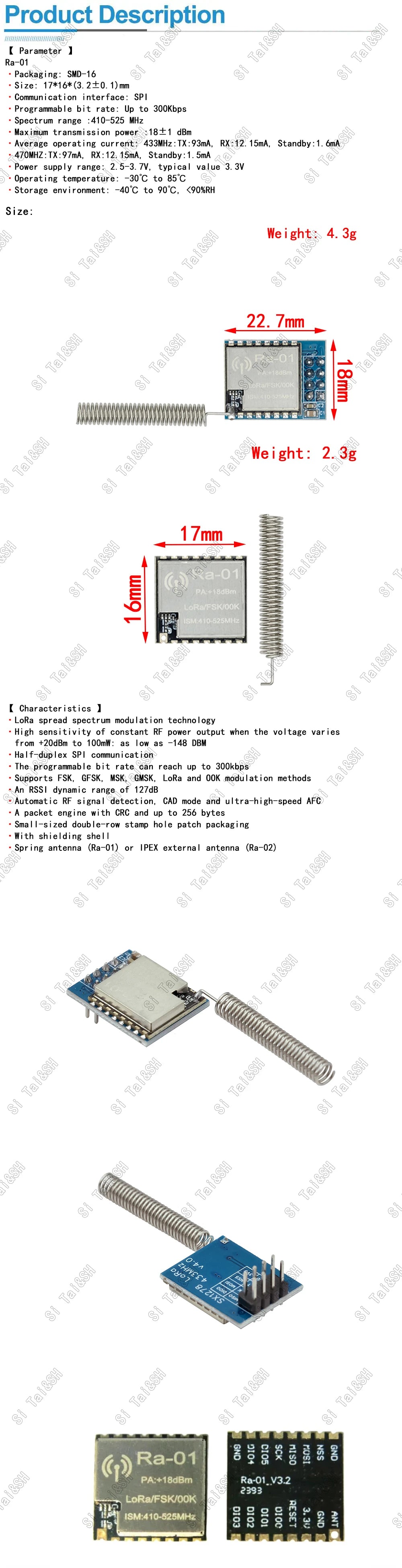 RA-01/RA-02 LoRa SX1278 433MHz Wireless Long-Range Transmission Module for Arduino