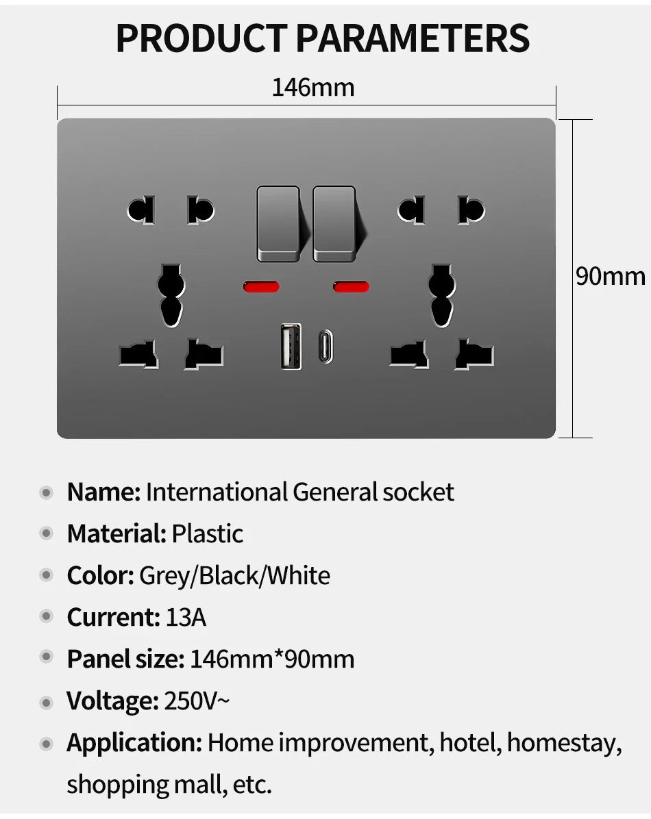 Universal Wall Socket 2-Gang Power Outlet with Switches, USB-C Charging Port, LED Indicator, Flush Mount, AC 110-250V