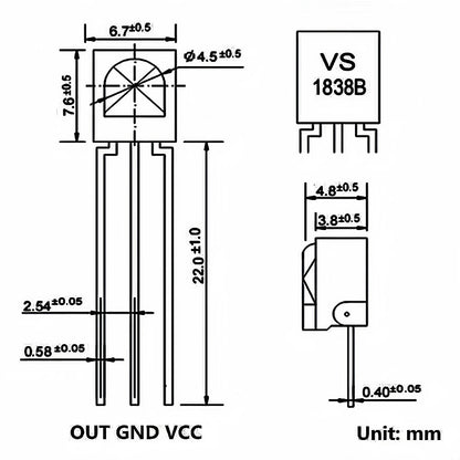 Universal IR Infrared Receiver Sensor Module TL1838 VS1838B 38kHz for Arduino & Raspberry Pi