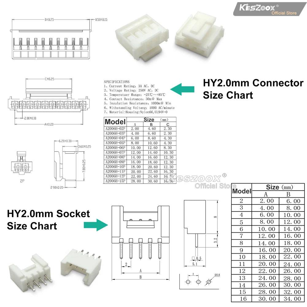 Keszoox JST 2mm HY 2.0 PH with locking PHB 2-10Pin Housing with 22AWG Pre-Crimped Terminal Wire