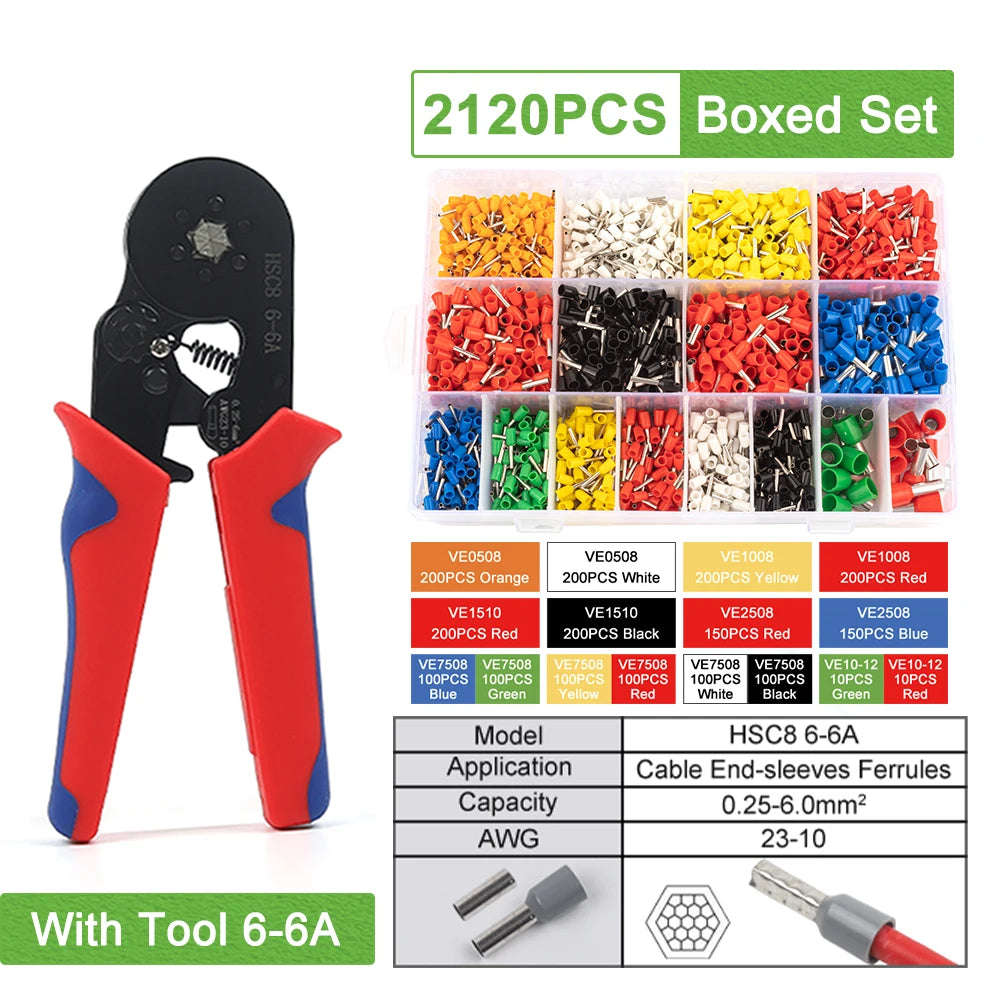 Crimping Sleeve Terminal Wire Connector Electrical Kit with Mini Crimping Plier Boxed VE Insulated Terminals