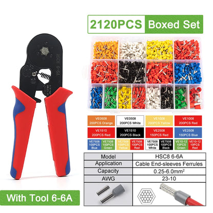 Crimping Sleeve Terminal Wire Connector Electrical Kit with Mini Crimping Plier Boxed VE Insulated Terminals