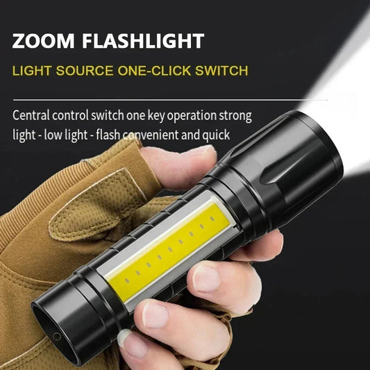 Mini COB+XPE LED Flashlight Portable Type-C Rechargeable Torch Tactical Lantern Outdoor Zoom Waterproof Light for Camping Lamp