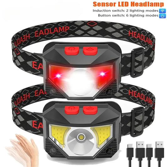 Powerful LED Headlight Motion Sensor Headlamp USB Rechargeable Head Torch Waterproof Camping Hiking Fishing Powerful Flashlight