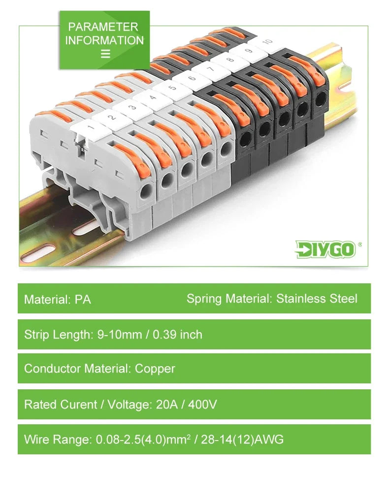 10PCS Din Rail Terminal Block 211 Wire Electrical Conductor Universal Fast Cable Connector with Number Strip Set