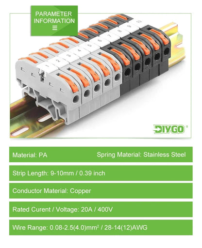 10PCS Din Rail Terminal Block 211 Wire Electrical Conductor Universal Fast Cable Connector with Number Strip Set