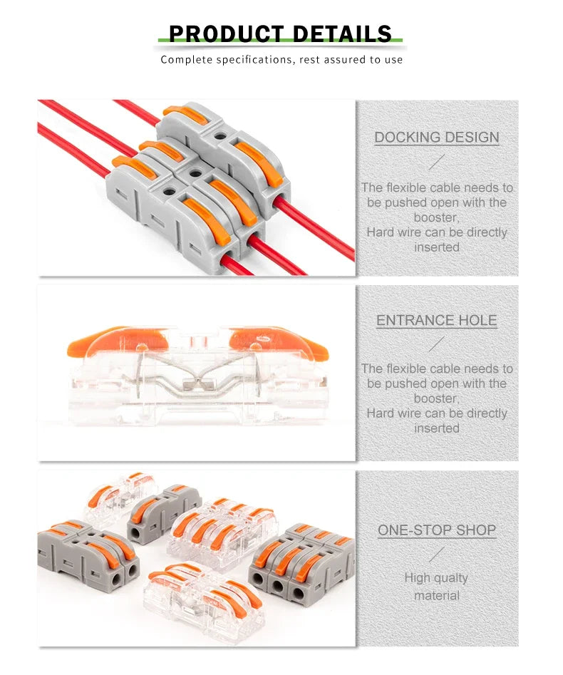 34/50pcs Lever Wire Connector Quick Connection 28-12 AWG 1-to-1 In-Line Compact Splice Insulated Terminal