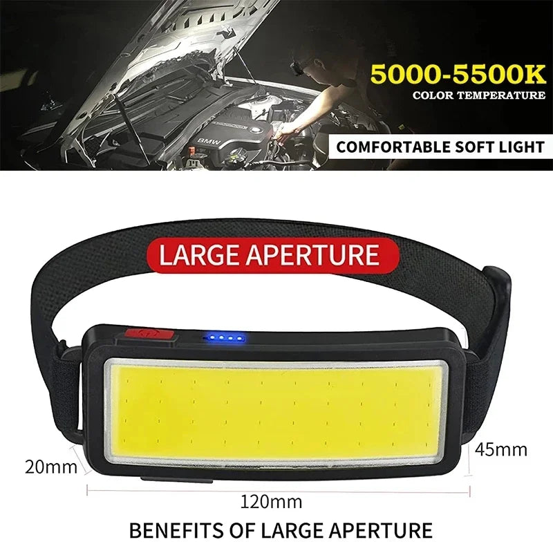 COB LED Rechargeable Headlamp with Built-in Battery Waterproof Head Torch