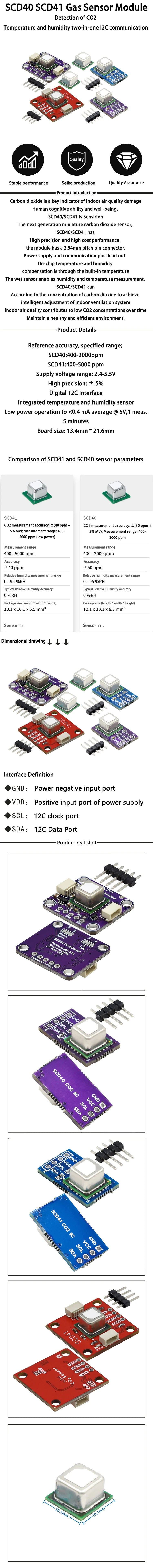 SCD40 / SCD41 CO2 Gas Sensor Module with Temperature & Humidity I2C Interface