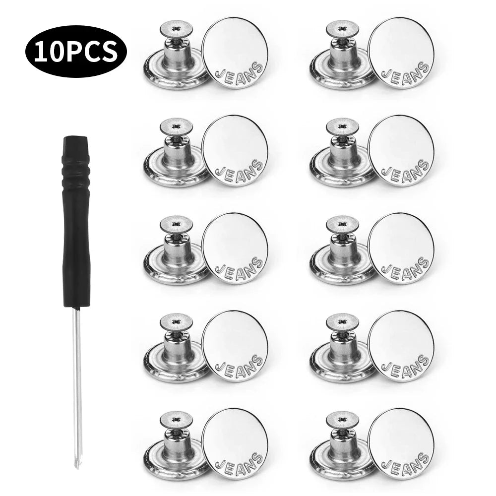Jeans Buttons Replacement Kit — 17mm No-Sew Nailless Removable Metal Button Repair Set 10pcs