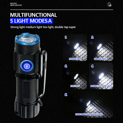 Ultra Bright Mini P50 LED Flashlight USB C Rechargeable Hat Clip Torch