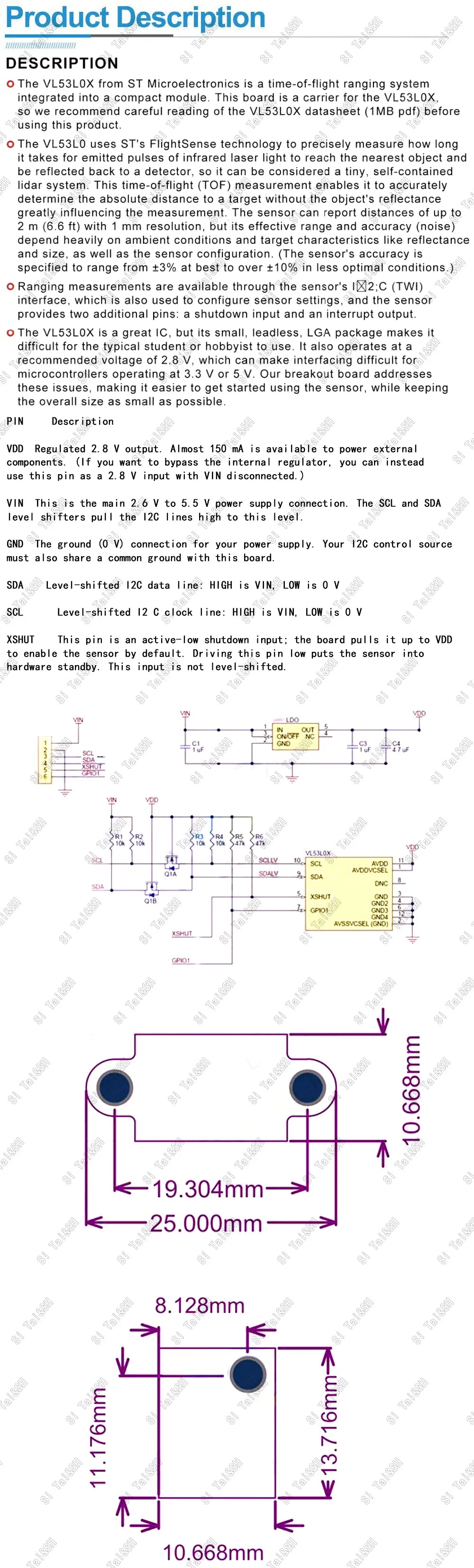 VL53L0X Time-of-Flight (ToF) Laser Ranging Sensor Breakout Module 940nm I2C