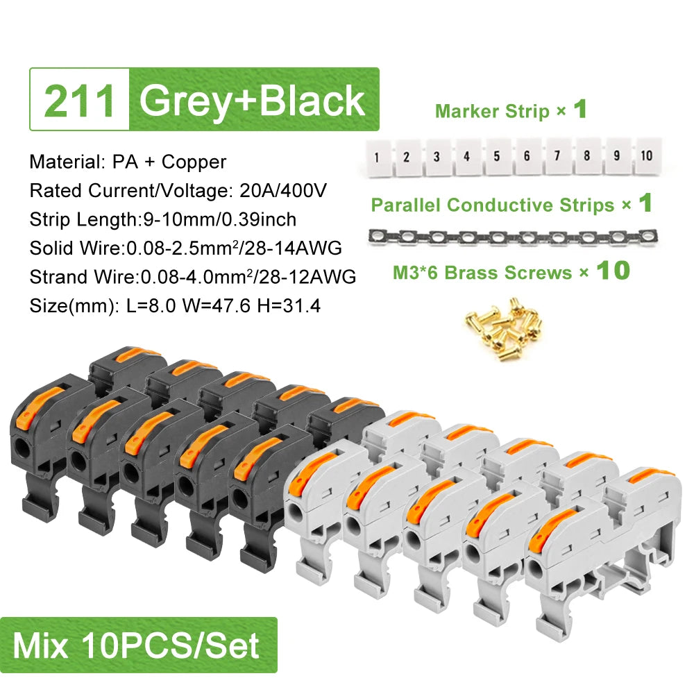 Din Rail 211 Wire Connector Quick Splice Universal Terminal Block with Conductive Strip and Number Marker